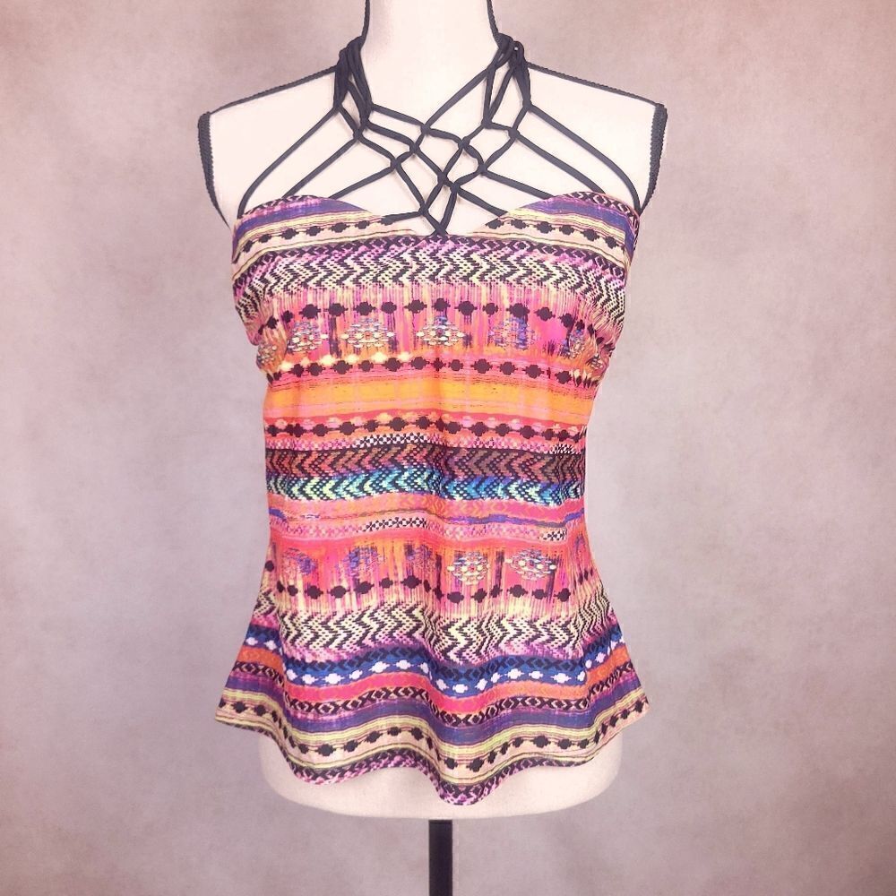 Island Escape Multicolor Geometrical Print Tankini Swim Top Size 12